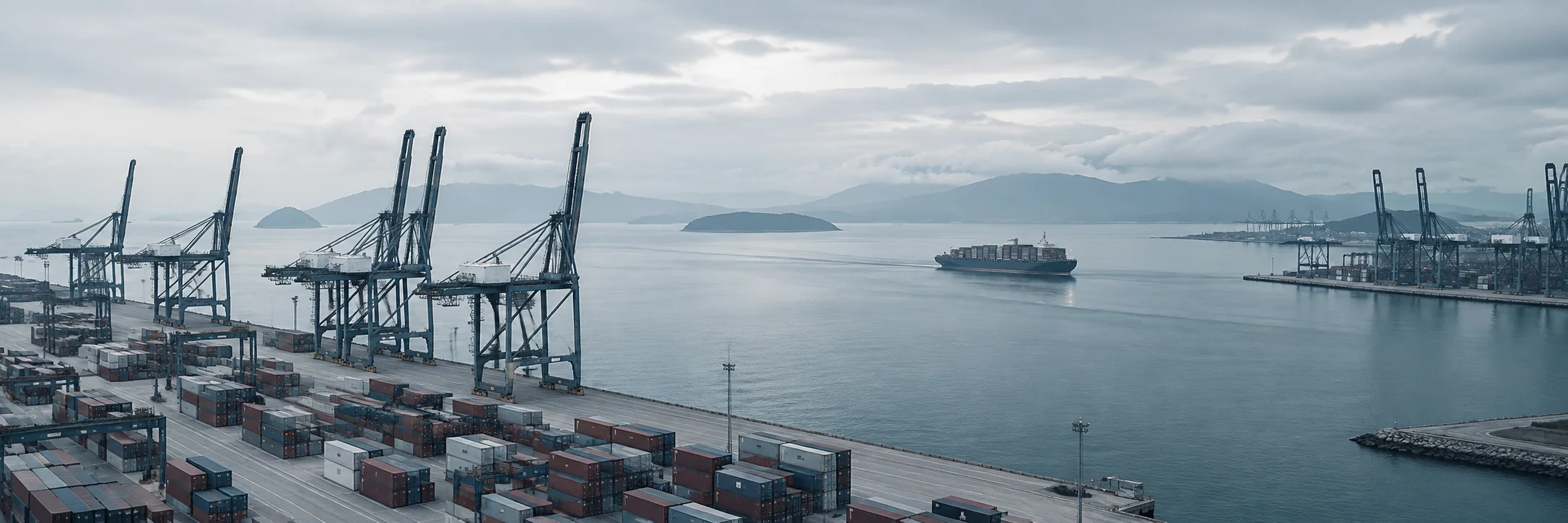 Cargo vessel moving through a container port.